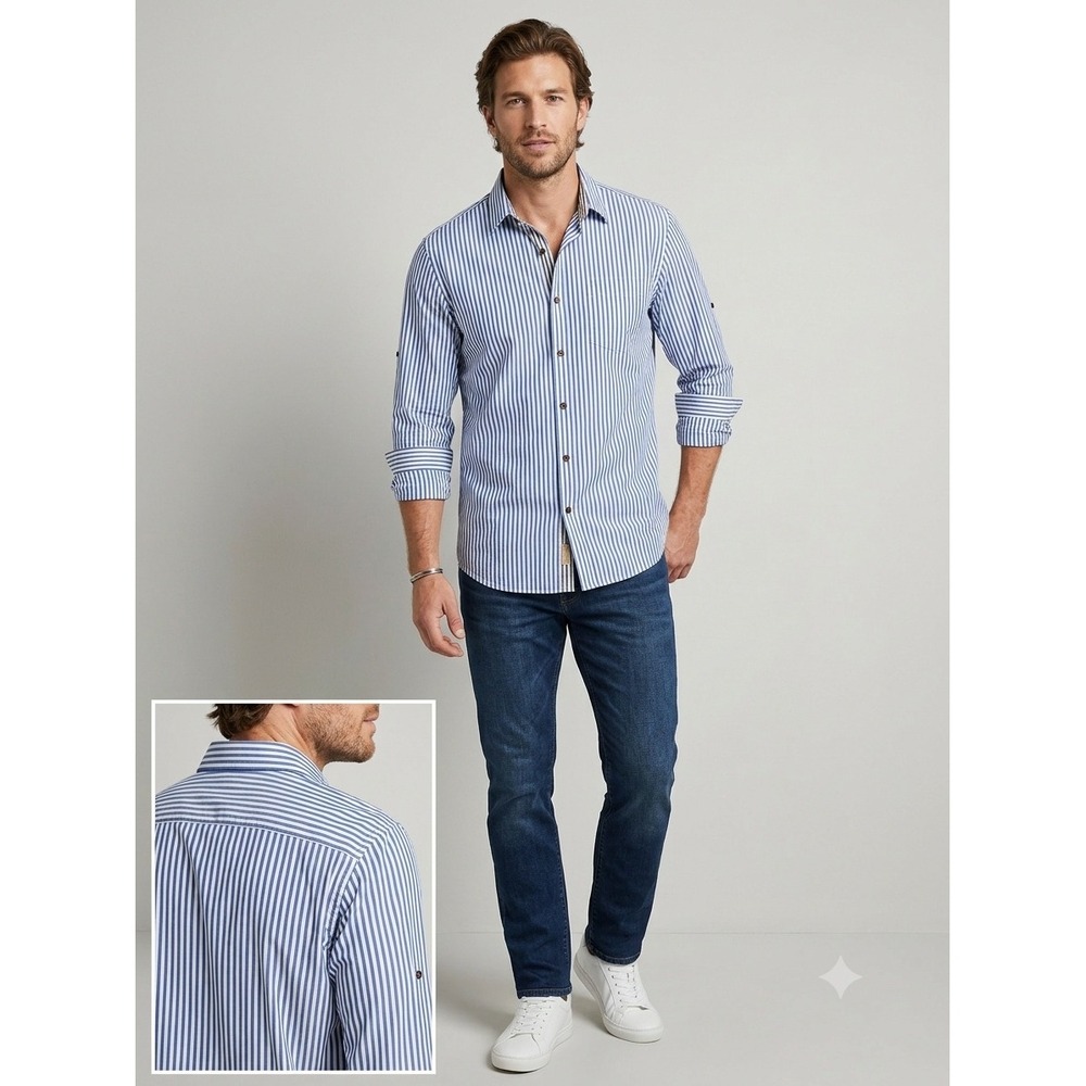 Michael Kors Mens Blue White Vertical Stripe Cotton Button Down Shirt XXL